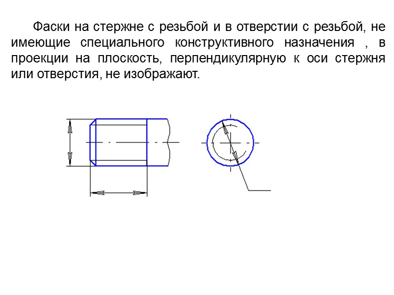 Фаски на стержне с резьбой и в отверстии с резьбой, не имеющие специального конструктивного